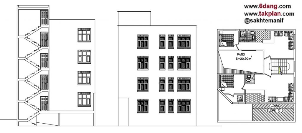 آپارتمان مسکونی (۴ طبقه + زیرزمین) هر طبقه حدود ۹۲ متر