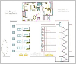 نقشه کامل معماری و سازه آپارتمان ۴ طبقه روی پیلوت دارای زیرزمین