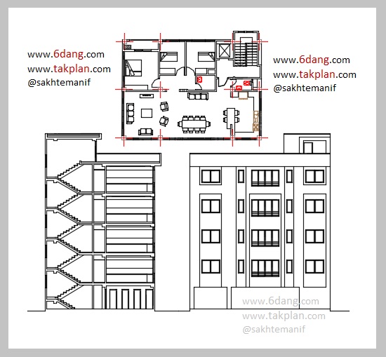 نقشه کامل معماری و سازه آپارتمان ۴ طبقه روی پیلوت