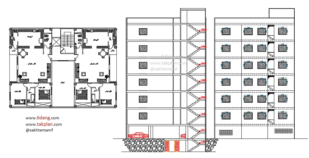 نقشه معماری و سازه آپارتمان ۷ طبقه روی زیر زمین