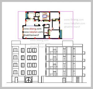 نقشه معماری و سازه آپارتمان ۴ طبقه روی پیلوت