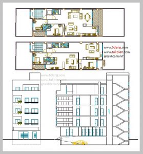 نقشه کامل معماری و سازه آپارتمان ۴ طبقه روی پیلوت دارای زیرزمین