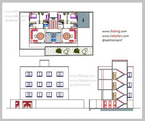 نقشه معماری و سازه آپارتمان ۳ طبقه روی پیلوت